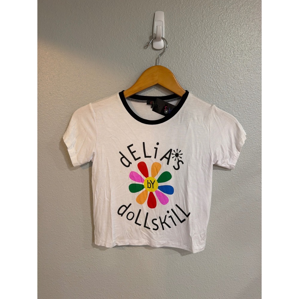 dELiA*s by Dolls Kill Ringer T-Shirt Women Medium White Rainbow Daisy 90s Y2K